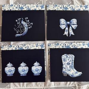 Set van 8 blauwe chinoiserieset briefpapier met handgemaakte enveloppen, kaarten 4,5 x 6, blauw, wit briefpapier voor vrouwen, strik, pauw, laars, vaas