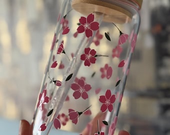 Falling Tulips and Flowers 16oz Cup - Lid & Straw Included, Coffee Glass Cup, Pink Glass Cup