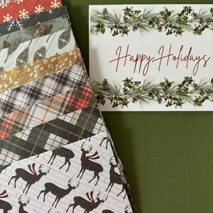 Set di 10 buste fatte a mano e biglietti 4,5 x 6, biglietti di auguri natalizi Mistletoe Lodge Happy Holidays, buste fatte a mano, busta autosigillante