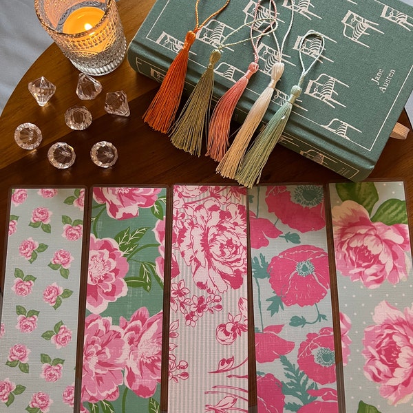 Flower Bookmark Collection, Rose Bookmarks, Pink, Blue, Green Bookmarks, Floral, Handmade Bookmark, Laminated Tassel Bookmark