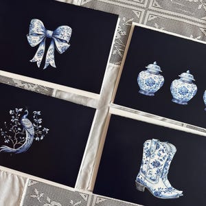 Set van 8 blauwe A9-chinoiserieset briefpapier met witte enveloppen, kaarten 5,5 x 8,5, blauw, wit briefpapier voor vrouwen, strik, pauw, laars, vaas