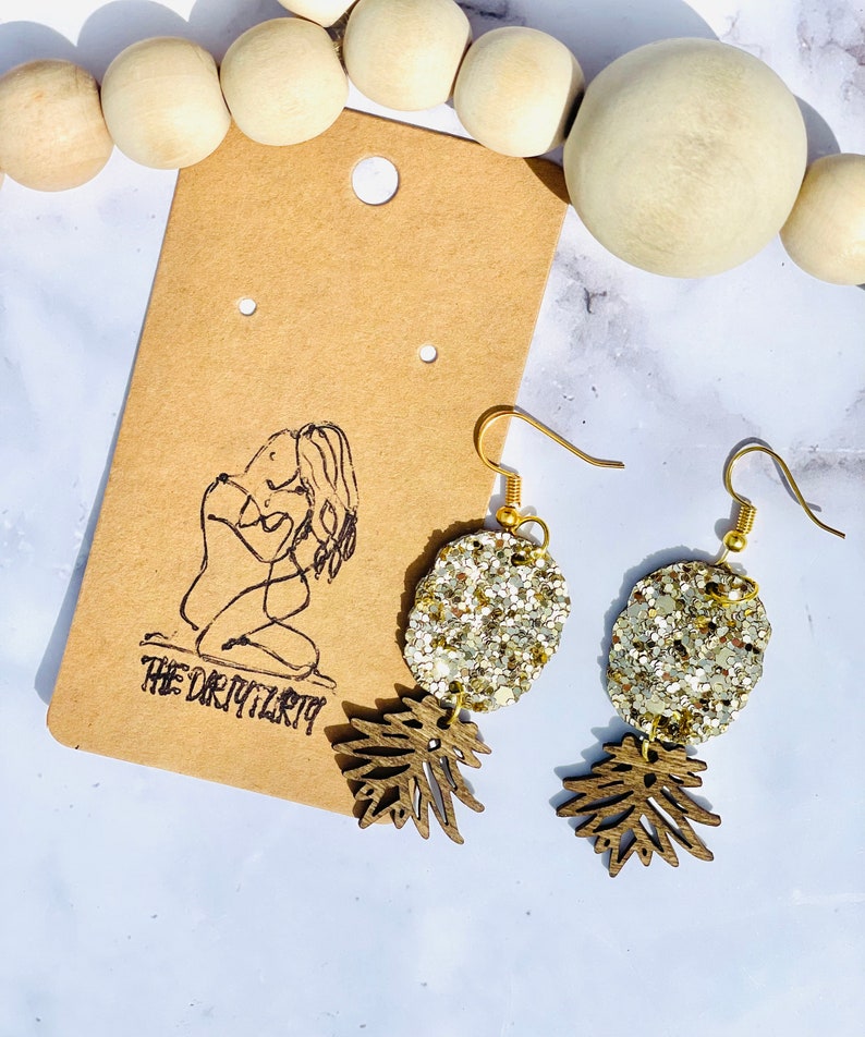 Upsidedown Pineapple Faux Leather and Wood Earring Hypoallergenic