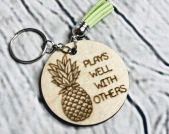 Upside Down Pineapple Keychain, plays well with others , swinger lifestyle, Alternative Lifestyle, Luggage tag, mature adult content