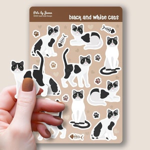 Black and White Cat Sticker Sheet Glossy Vinyl Cute Cats Paws and Fishbones Water-Resistant Stickers