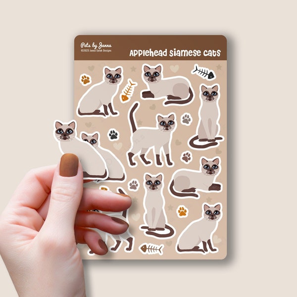 Applehead Siamese Cat Sticker Sheet Glossy Vinyl Cute Siamese Cats Paws and Fishbones Water-Resistant Stickers