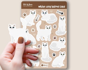 Long Haired White Cat Sticker Sheet Glossy Vinyl Cute Cats Paws and Fishbones Water-Resistant Stickers