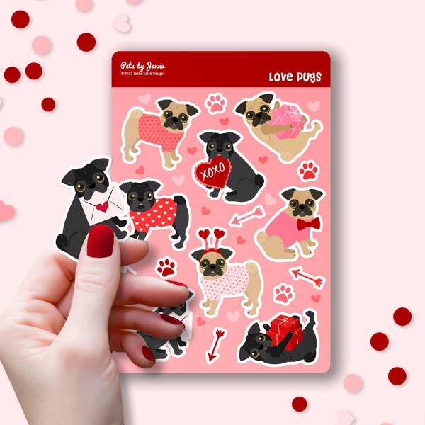 Love Pugs Sticker Sheet Glossy Vinyl Cute Valentine's Day Black Pug Tan Pug Gift Water-Resistant Stickers