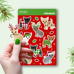 Christmas Chihuahua Sticker Sheet: Glossy Vinyl Holiday Dog Stickers
