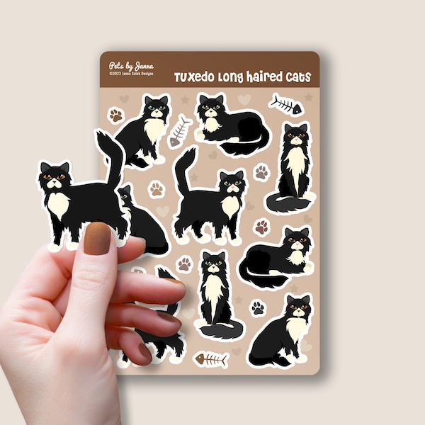 Long Haired Tuxedo Cat Sticker Sheet Glossy Vinyl Cute Tuxedo Cats Paws and Fishbones Water-Resistant Stickers