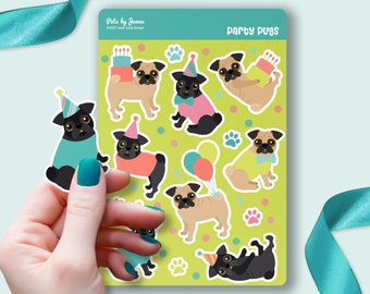 Party Pugs Sticker Sheet: Glossy Vinyl, Water-Resistant