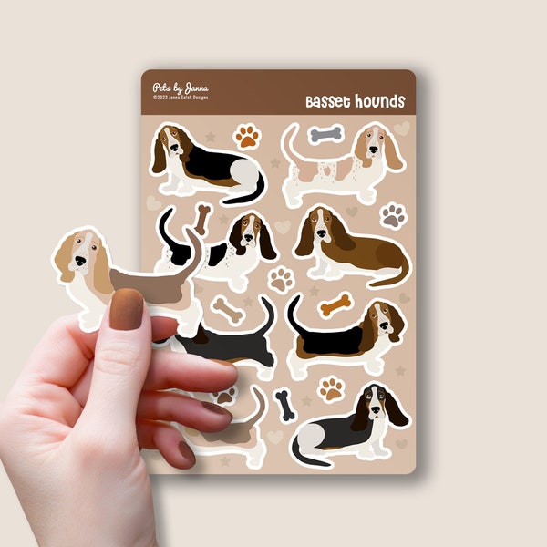 Basset Hound Sticker Sheet Glossy Vinyl Cute Basset Hounds Gift Water-Resistant Stickers