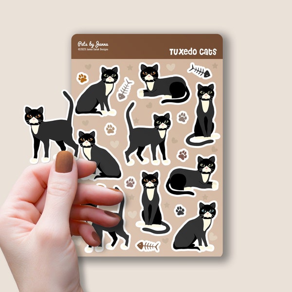 Tuxedo Cat Sticker Sheet Glossy Vinyl Cute Tuxedo Cats Paws and Fishbones Water-Resistant Stickers