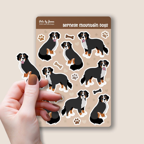 Bernese Mountain Dog Sticker Sheet Glossy Vinyl Cute Berner Dog Paw and Bone Water-Resistant Stickers