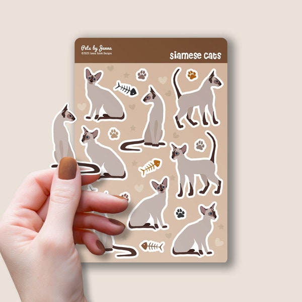 Siamese Cat Sticker Sheet Glossy Vinyl Cute Siamese Cats Paws and Fishbones Water-Resistant Stickers