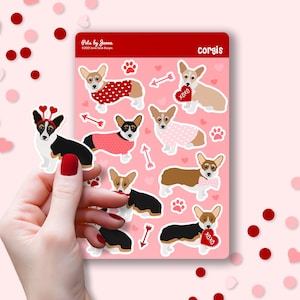 Feuille d'autocollants Valentine Corgi vinyle brillant mignon amour XOXO Corgis cadeau autocollants résistants à l'eau