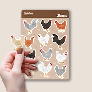 Feuille d'autocollants pour poulets en vinyle brillant, poulets et coqs mignons, autocollants résistants à l'eau