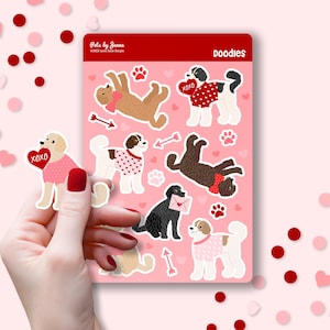 Valentine Doodle autocollant feuille vinyle brillant mignon amour XOXOX Labradoodle Goldendoodle chien cadeau autocollants résistants à l'eau