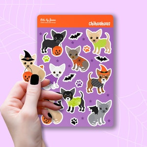 Halloween Chihuahua Sticker Sheet Glossy Vinyl Cute Spooky Chihuahuas Dog Gift Water-Resistant Stickers