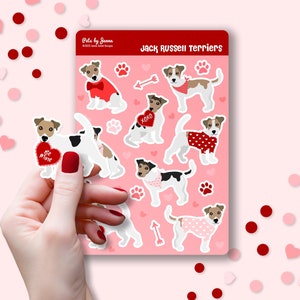 Feuille d'autocollants Valentine Jack Russell Terrier vinyle brillant mignon XOXO amour Jack Russell chien JRT cadeau autocollants résistants à l'eau