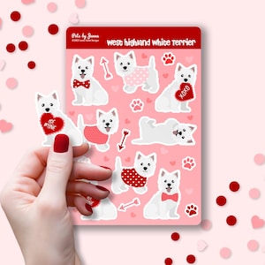 Feuille d'autocollants Saint-Valentin Westie en vinyle brillant mignon West Highland White Terriers aiment XOXO chien cadeau Stickers résistants à l'eau