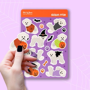 Halloween Bichon Frise Sticker Sheet Glossy Vinyl Cute Spooky Bichon Gift Water-Resistant Stickers
