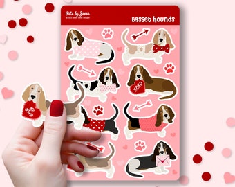 Valentine Basset Hound Sticker Sheet Glossy Vinyl Cute Love XOXO Basset Hound Gift Water-Resistant Stickers