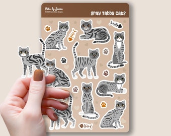 Gray Tabby Cat Sticker Sheet: Glossy Vinyl Stickers