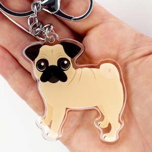 Pug Keychain Cute Pugs Charm Clear Plastic and Resin Silver Key Ring Pug Gifts