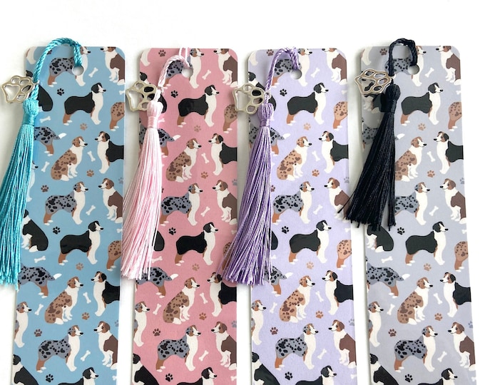 Cute Australian Shepherd Bookmark, Aussie Dog Lover Unique Gifts Dog Paw Charm and Tassel