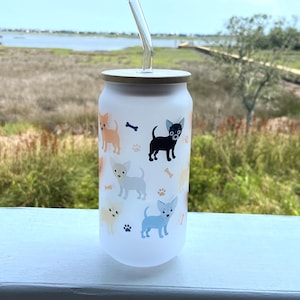 Chihuahua Frosted Glass Tumbler: Bamboo Lid & Straw, Unique Dog Gift