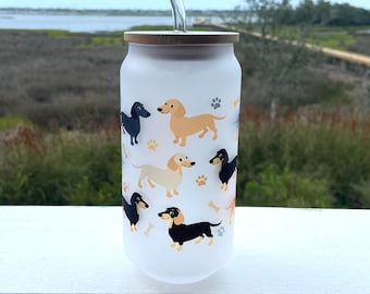 Dachshund Frosted Glass Tumbler 18oz Cup with Bamboo Lid and Straw Dachshund Gift Unique Dachshunds Tumbler