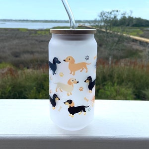 Dachshund Frosted Glass Tumbler 18oz Cup with Bamboo Lid and Straw Dachshund Gift Unique Dachshunds Tumbler