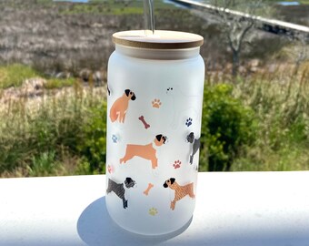 Boxer Dog Frosted Glass Tumbler: Bamboo Lid & Straw, 16oz
