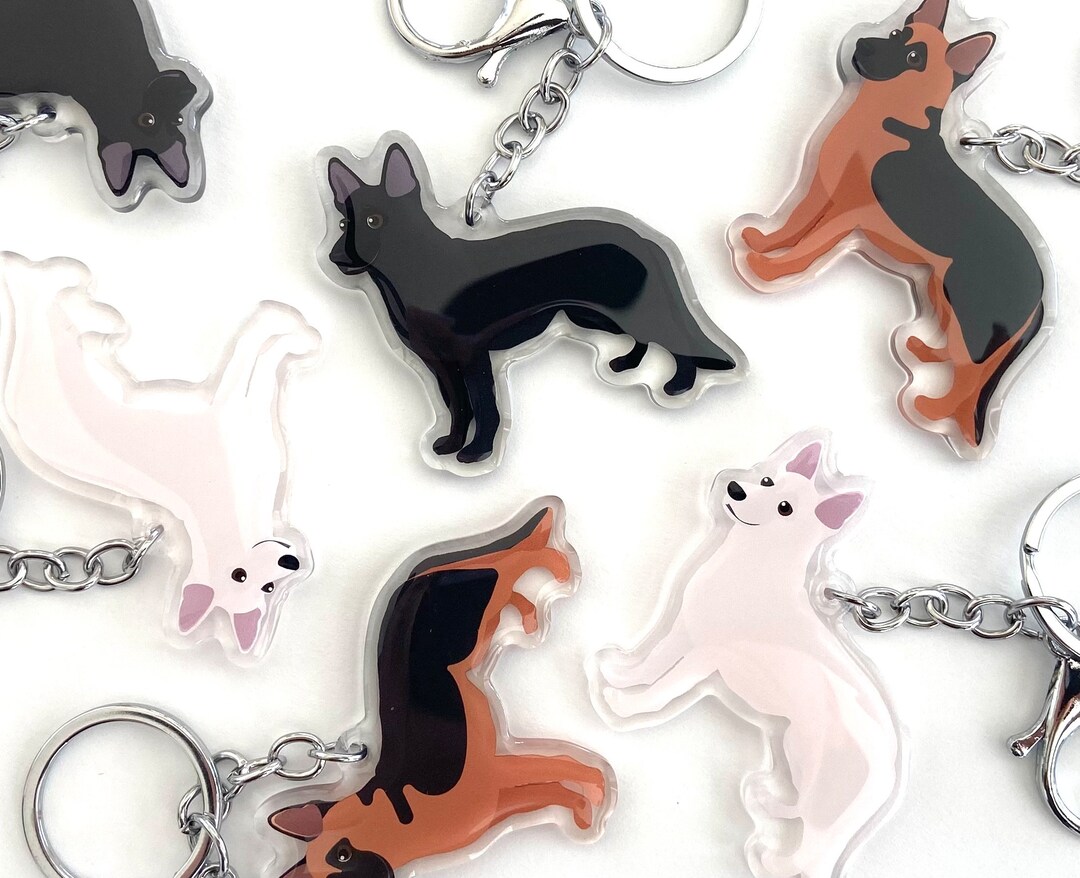 German Shepherd Keychain Cute Charm Clear Plastic and Resin Silver Key