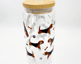 Beagle Dog Clear Glass Tumbler: Bamboo Lid, Straw (16oz) Dishwasher Safe
