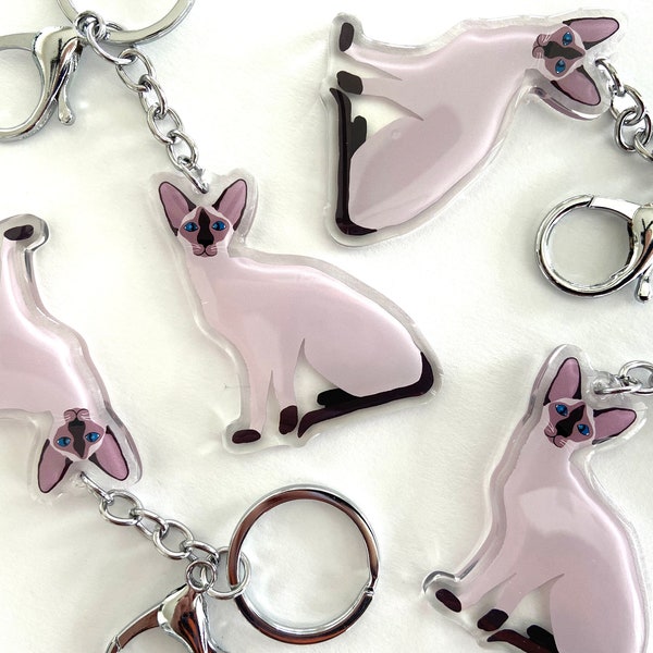 Siamese Cat Keychain Cute Meezer Charm Clear Acrylic and Resin Silver Key Ring Siamese Gifts