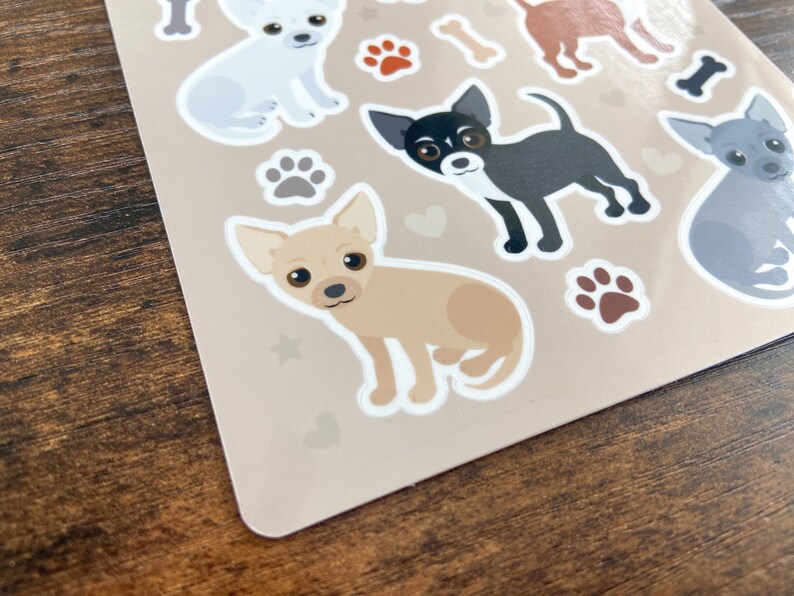 Pu&ograve; includere: Un foglio di adesivi con diversi cani chihuahua di cartoni animati in diverse pose. Gli adesivi sono su uno sfondo beige con impronte di zampe e cuori.