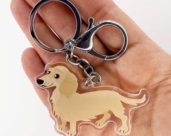 Cream Long-Haired Dachshund Keychain: Clear Acrylic Charm