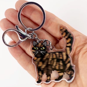 May include: A clear acrylic cat-shaped keychain with a silver keyring and clasp. The cat has a tortoiseshell pattern in shades of brown and black, with yellow eyes and a white outline.