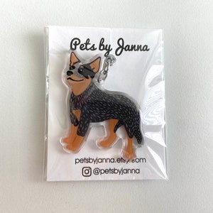 May include: A black and white Australian Cattle Dog keychain with a silver key ring. The keychain is made of clear acrylic and has a cartoon-style illustration of the dog. The text "Pets by Janna" is printed on the card behind the keychain. The text "petsbyjanna.etsy.com" and "@petsbyjanna" are also printed on the card.