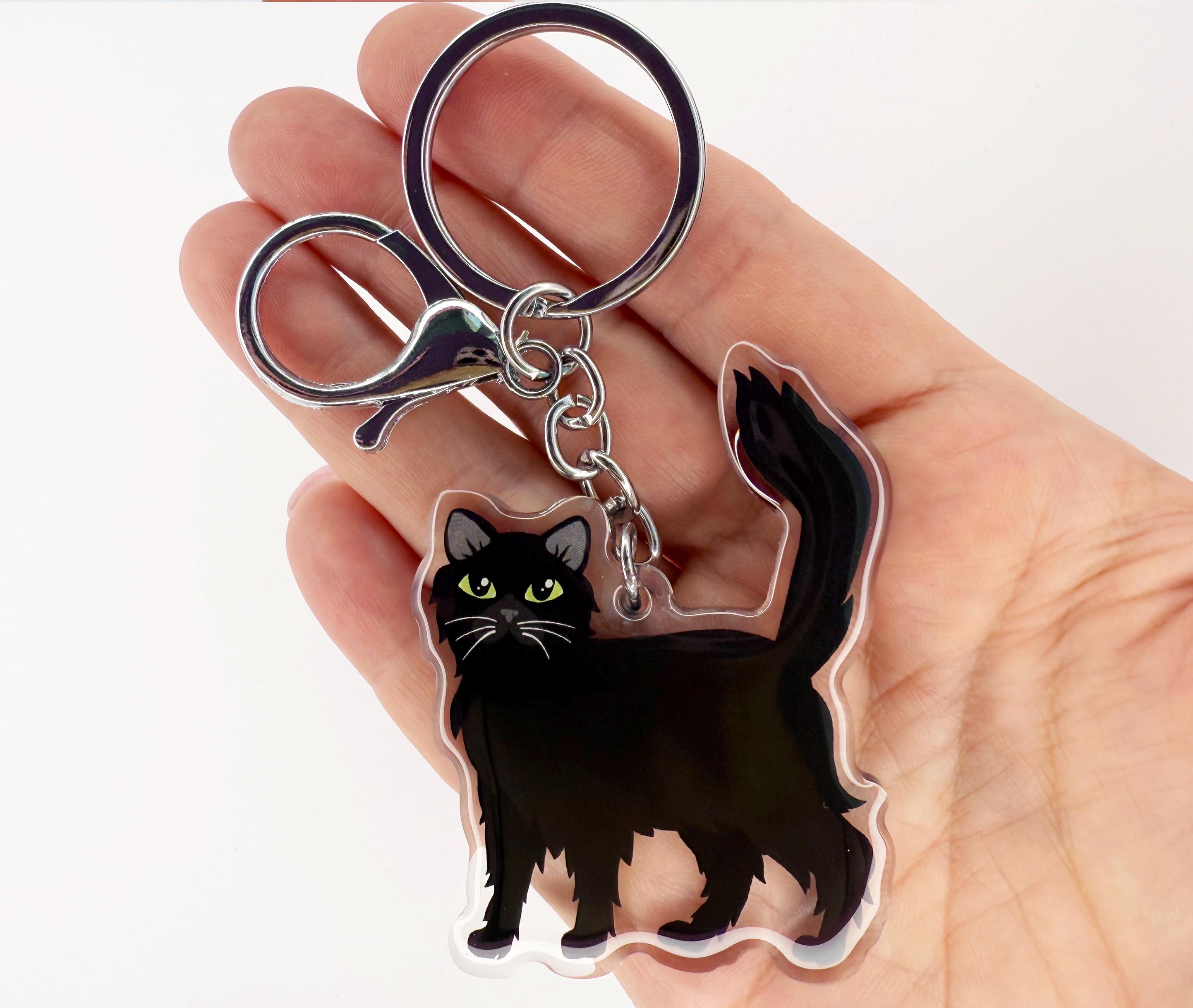 Black Cat Keychain, Cute Longhair Acrylic Charm - Etsy