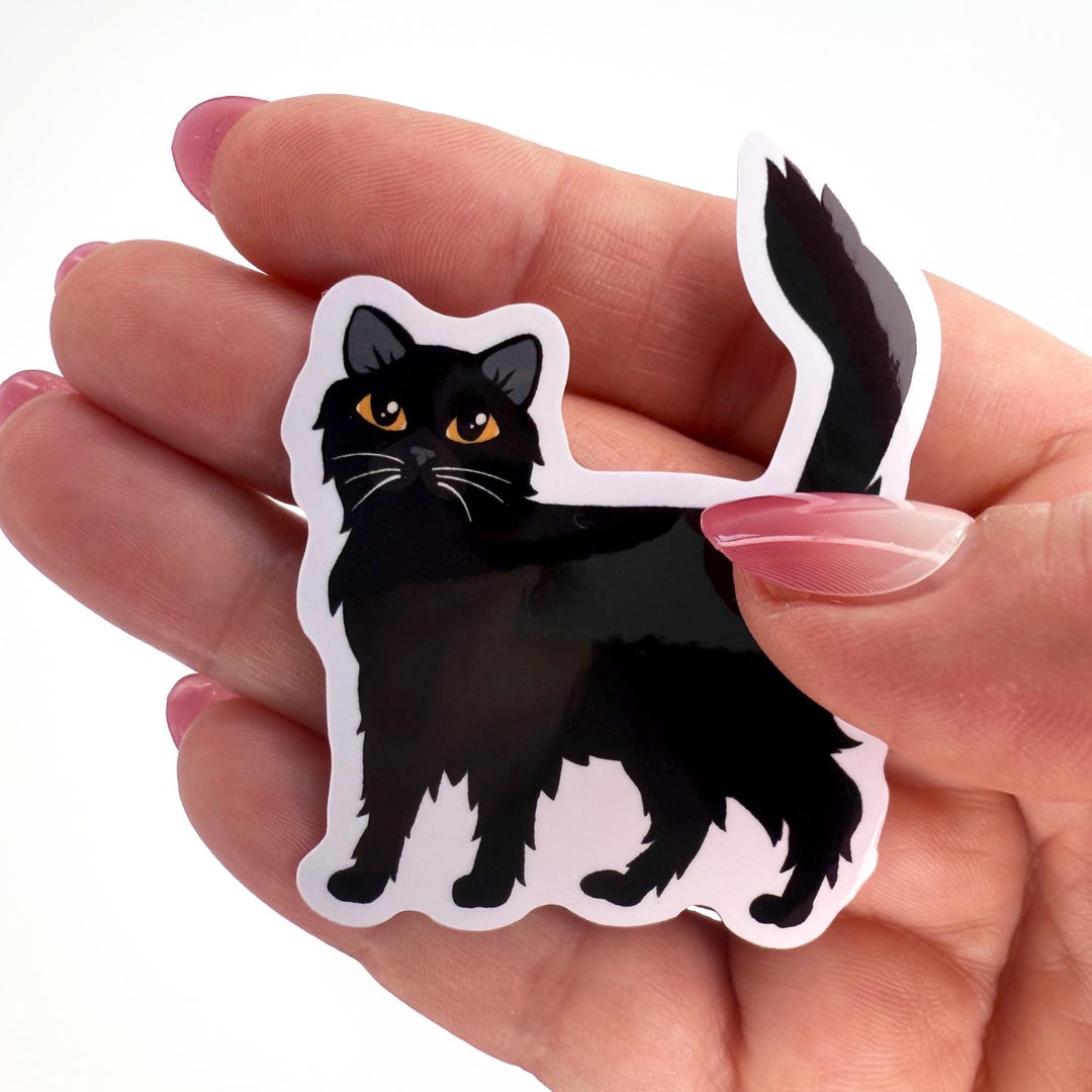 Longhaired Black Cat Sticker: Waterproof Vinyl Die Cut - Etsy