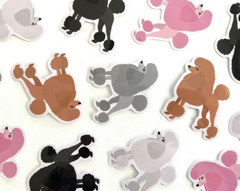 May include: A set of ten poodle stickers in various colors, including black, white, pink, brown, and gray. The stickers are all in a cartoon style and feature poodles in different poses.