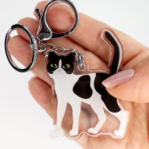 May include: A clear acrylic cat keychain with a silver keyring and clasp. The cat is black and white with yellow eyes and a pink nose. The cat is standing with its tail up.