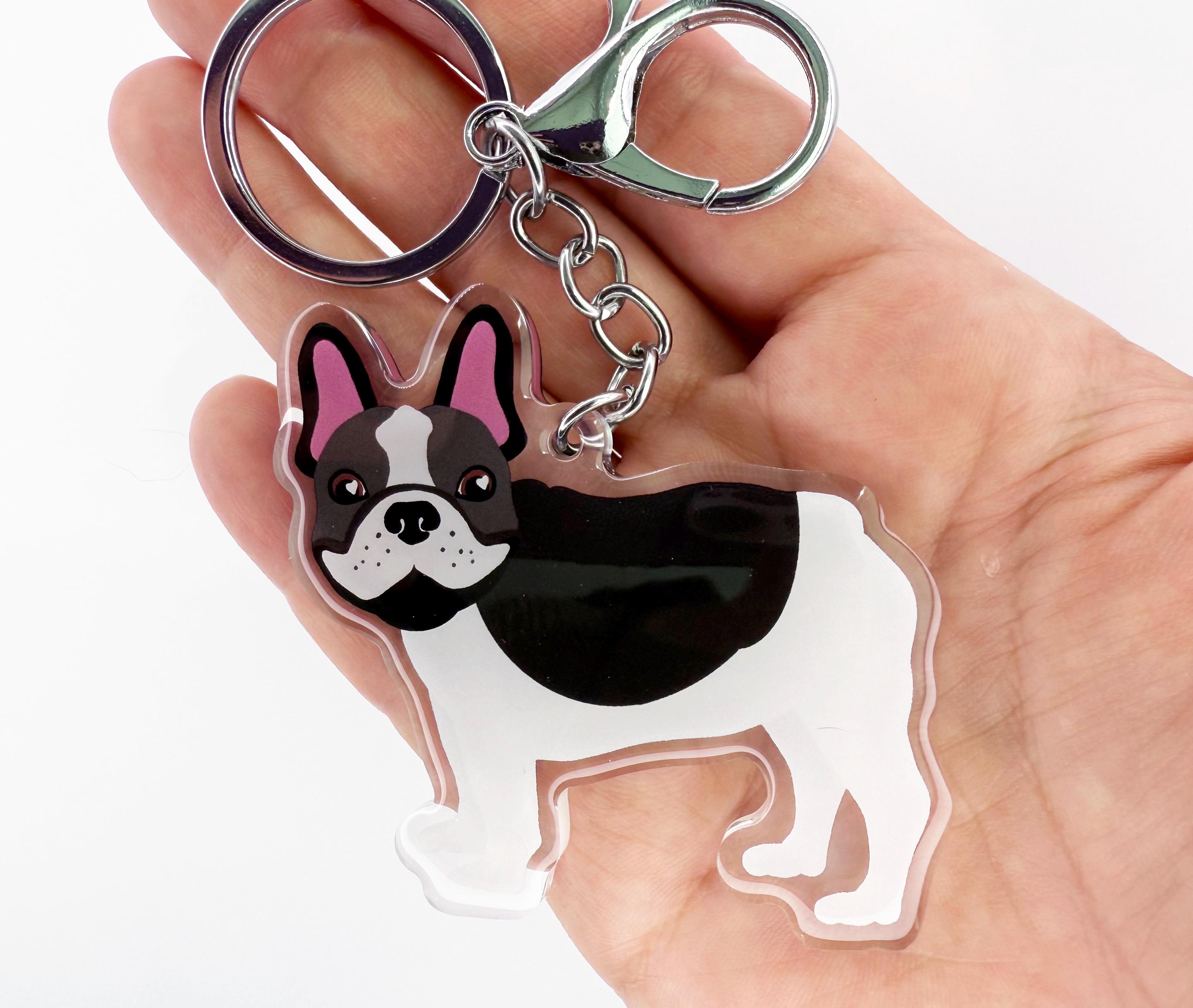 Black Pied French Bulldog Keychain: Clear Acrylic, Silver Key Ring