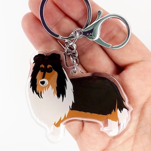 Tricolor Rough Collie Keychain Cute Charm Clear Plastic and Resin Silver Key Ring Rough Collies Gifts