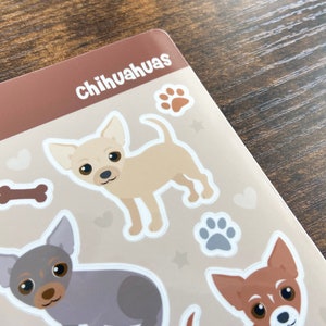 Pu&ograve; includere: Un foglio di adesivi con varie illustrazioni di Chihuahua in diverse pose. Gli adesivi sono su uno sfondo marrone con contorni bianchi. Il testo "Chihuahuas" &egrave; stampato in bianco nella parte superiore del foglio.