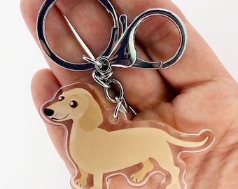 Cream Dachshund Keychain: Clear Acrylic Charm, Silver Key Ring
