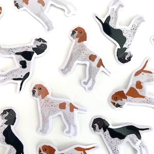 May include: A set of 10 illustrated dog stickers featuring a variety of English Pointer dogs in different poses. The stickers are white with brown and black spots and are printed on a white background.