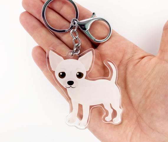 Cream Chihuahua Keychain Cute Charm Clear Plastic and Resin Silver